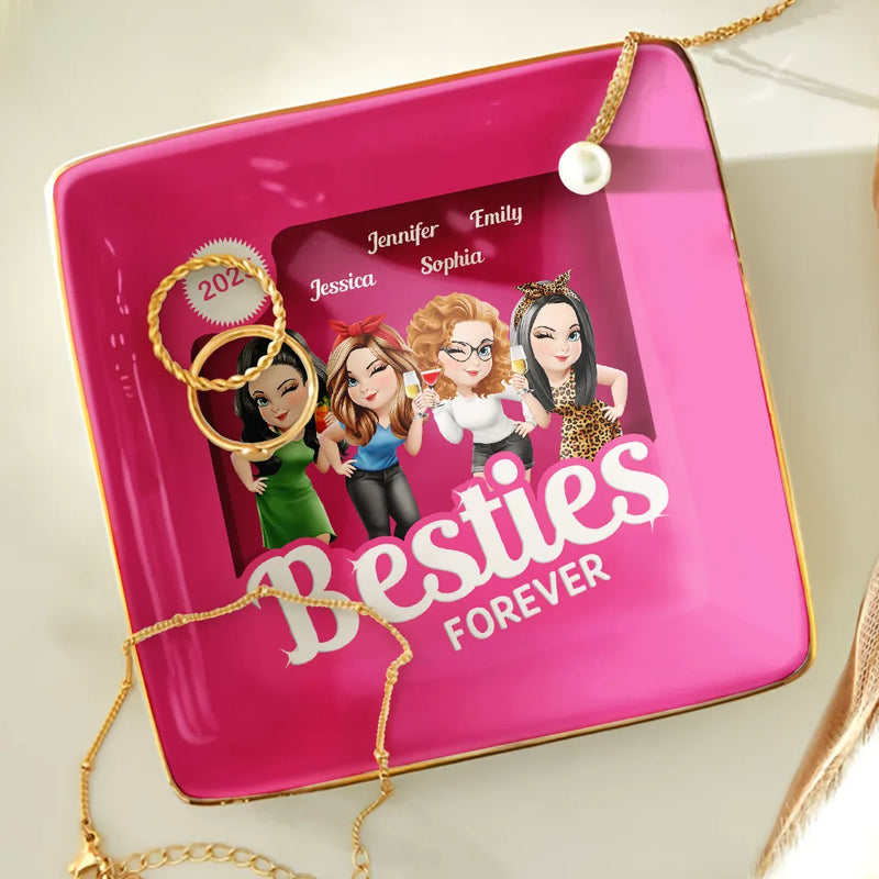 Gift For Bestie,Gift For Sisters,Happy,Gift For Women - Besties Forever Pink Action Figure 3D Effect - Personalized Ring Dish