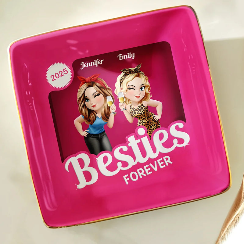 Gift For Bestie,Gift For Sisters,Happy,Gift For Women - Besties Forever Pink Action Figure 3D Effect - Personalized Ring Dish