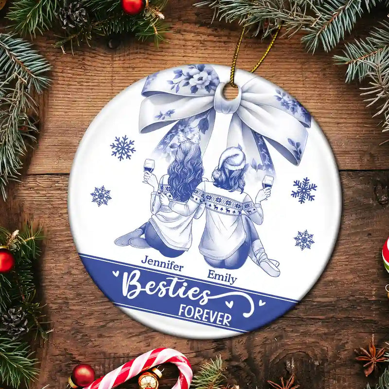 Gift For Bestie,Gift For Sisters,Gift For Women,Gifts For Colleagues,Happy,Christmas - Besties Forever Toile - Personalized Circle Ceramic Ornament