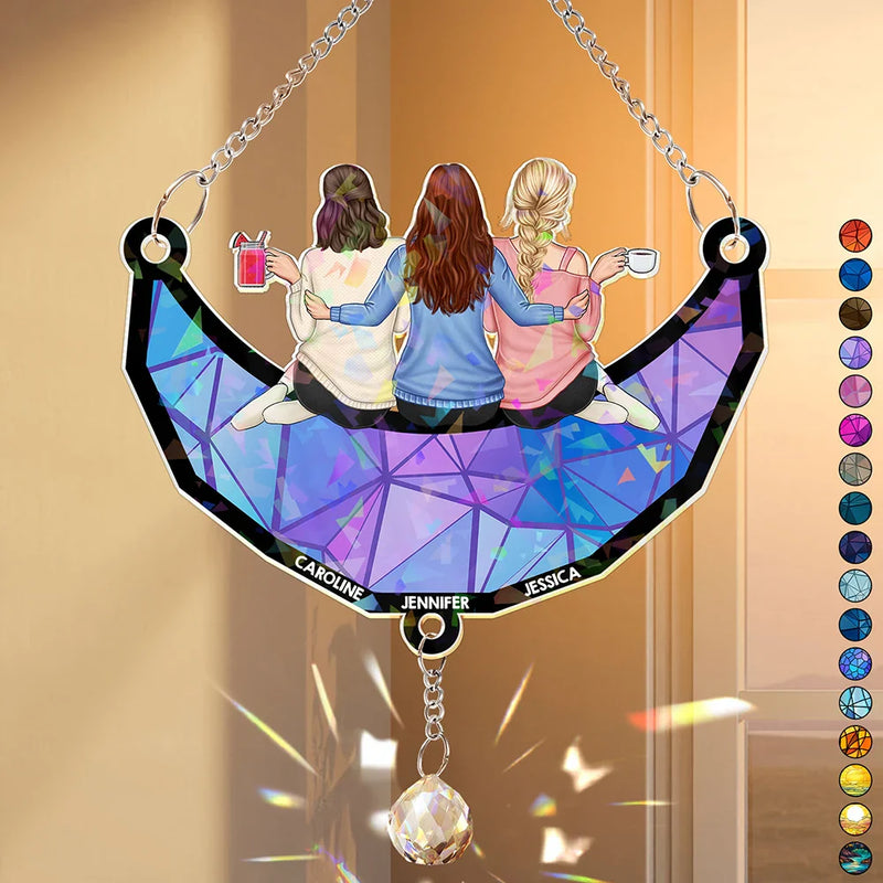 Happy, Gift For Sisters, Gift For Bestie, Gifts For Colleagues - Besties Friends Sitting On The Moon - Personalized Rainbow Suncatcher With Crystal Ball Prism