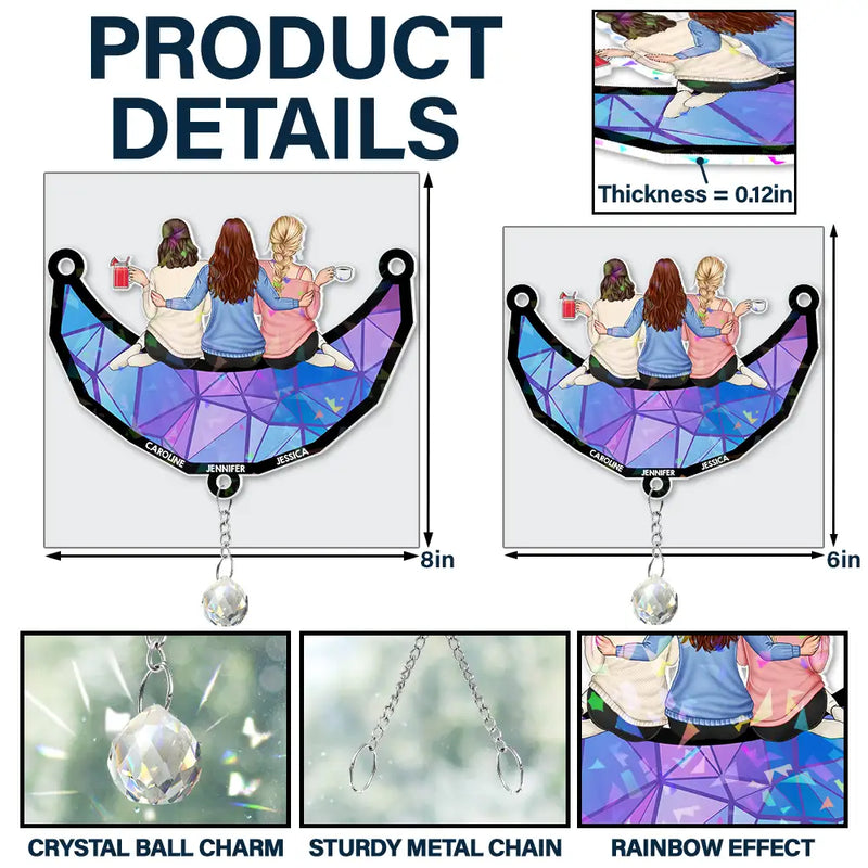 Happy, Gift For Sisters, Gift For Bestie, Gifts For Colleagues - Besties Friends Sitting On The Moon - Personalized Rainbow Suncatcher With Crystal Ball Prism