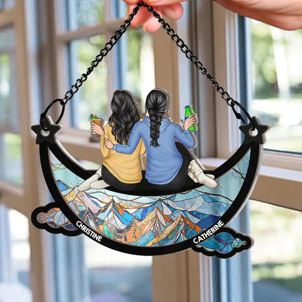 Gift For Bestie, Love - Besties Friends Sitting On The Moon Starry Sky - Personalized Window Hanging Suncatcher Ornament