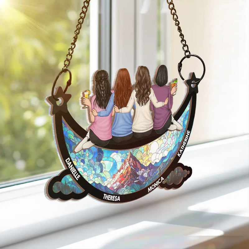 Gift For Bestie, Love - Besties Friends Sitting On The Moon Starry Sky - Personalized Window Hanging Suncatcher Ornament