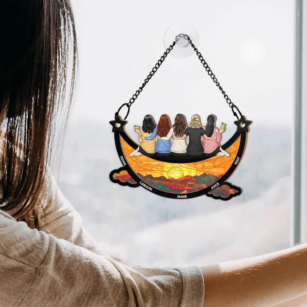 Gift For Bestie, Love - Besties Friends Sitting On The Moon Starry Sky - Personalized Window Hanging Suncatcher Ornament