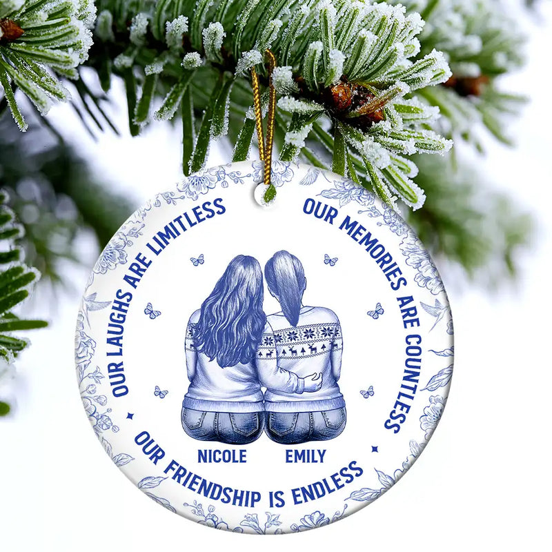 Gift For Bestie,Gift For Sisters,Gifts For Colleagues,Christmas,Happy - Besties Our Laughs Are Limitless Best Friends Toile - Personalized Circle Ceramic Ornament