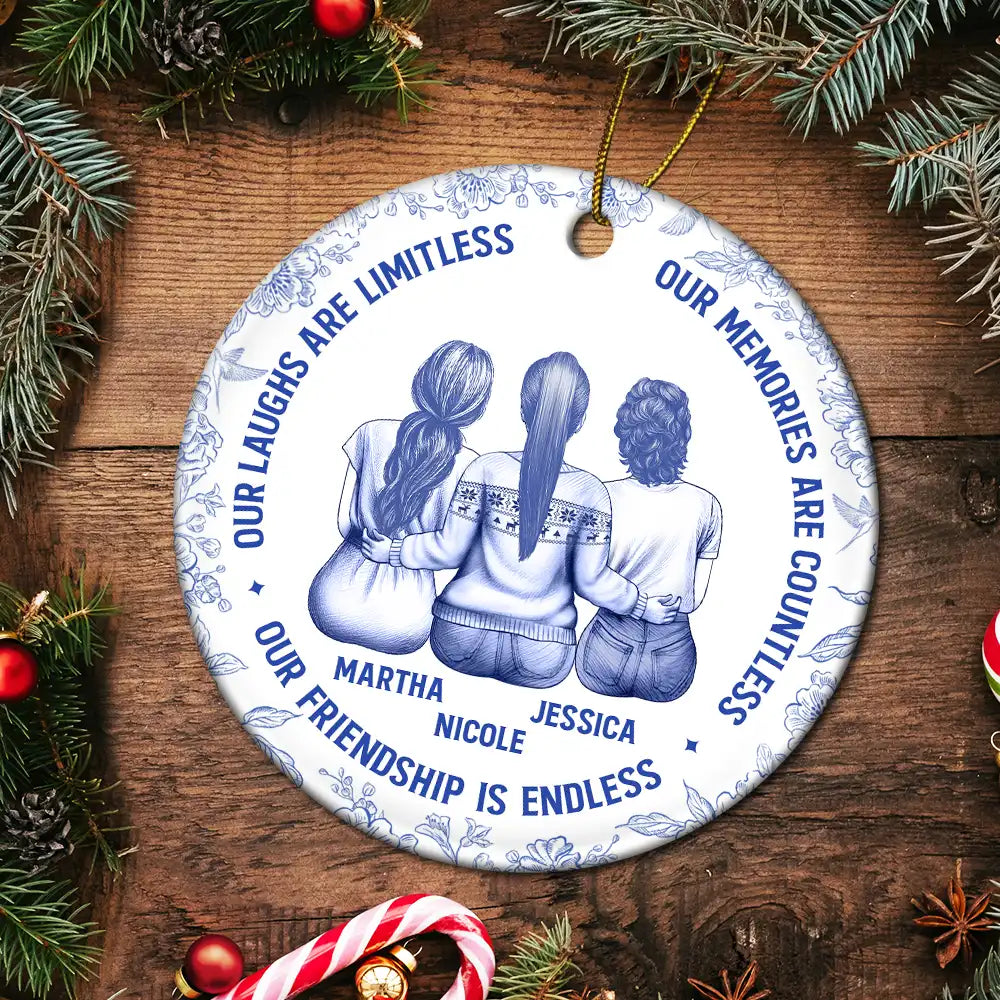 Gift For Bestie,Gift For Sisters,Gifts For Colleagues,Christmas,Happy - Besties Our Laughs Are Limitless Best Friends Toile - Personalized Circle Ceramic Ornament