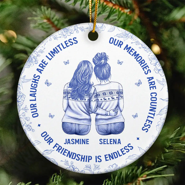 Gift For Bestie,Gift For Sisters,Gifts For Colleagues,Christmas,Happy - Besties Our Laughs Are Limitless Best Friends Toile - Personalized Circle Ceramic Ornament