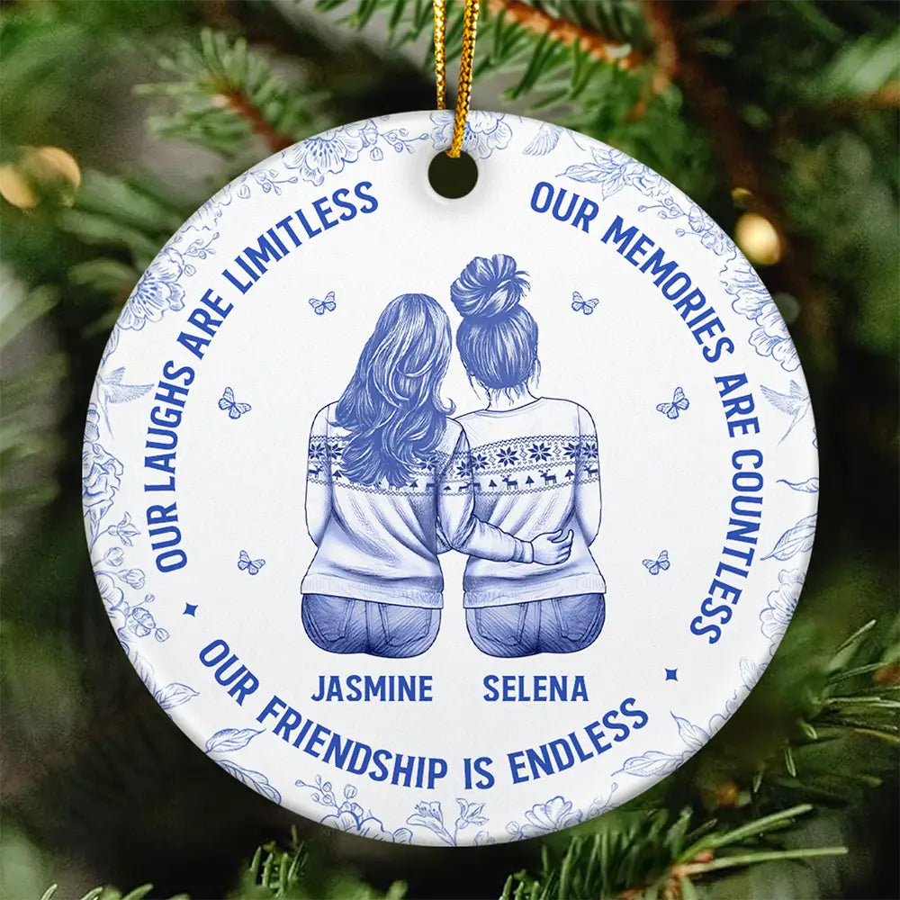 Gift For Bestie,Gift For Sisters,Gifts For Colleagues,Christmas,Happy - Besties Our Laughs Are Limitless Best Friends Toile - Personalized Circle Ceramic Ornament
