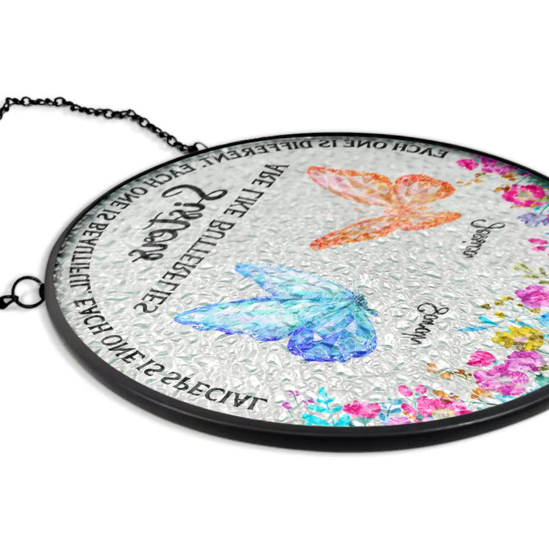 Gift For Bestie, Gift For Sibling, Gift For Sisters - Besties Sisters Friends Are Like Butterflies Crystal Effect - Personalized Stained Glass Window Hanging Suncatcher