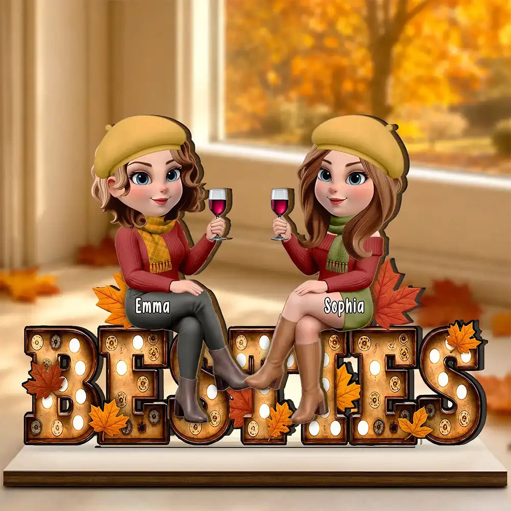 Besties Sitting On Text Marquee Effect - Personalized Custom Shaped Wooden Plaque