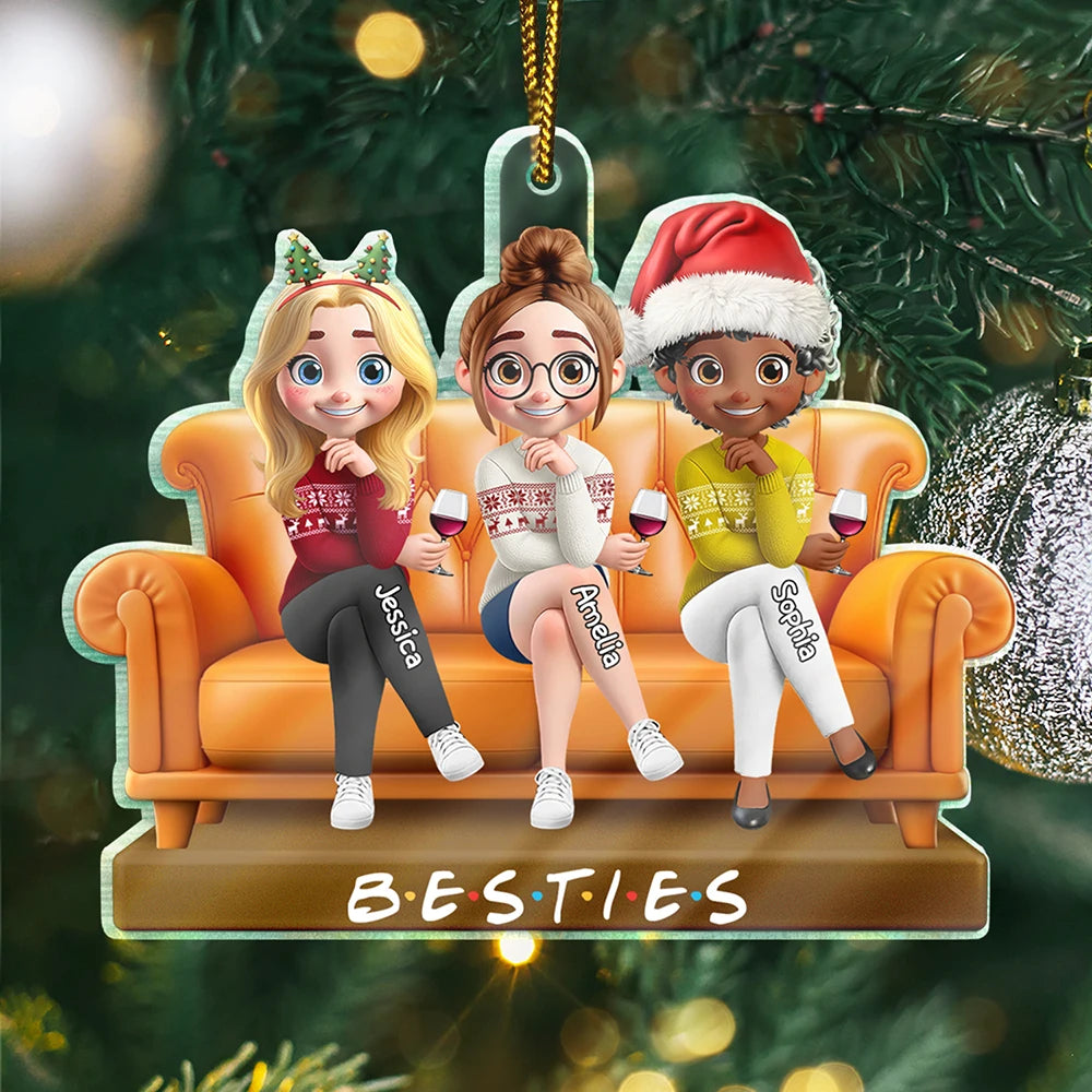 Gift For Bestie,Gift For Sisters,Gift For Women,Gifts For Colleagues,Happy,Christmas - Besties Sitting Together - Personalized Custom Shaped Acrylic Ornament
