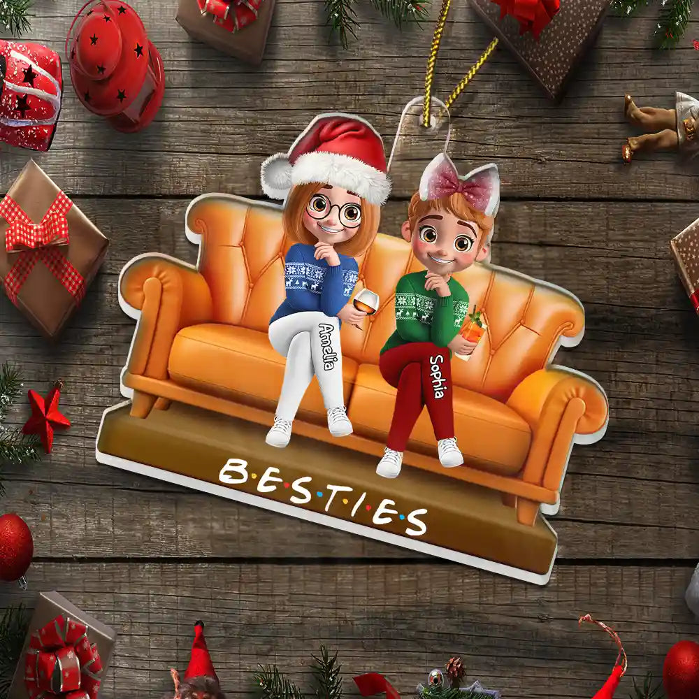 Gift For Bestie,Gift For Sisters,Gift For Women,Gifts For Colleagues,Happy,Christmas - Besties Sitting Together - Personalized Custom Shaped Acrylic Ornament