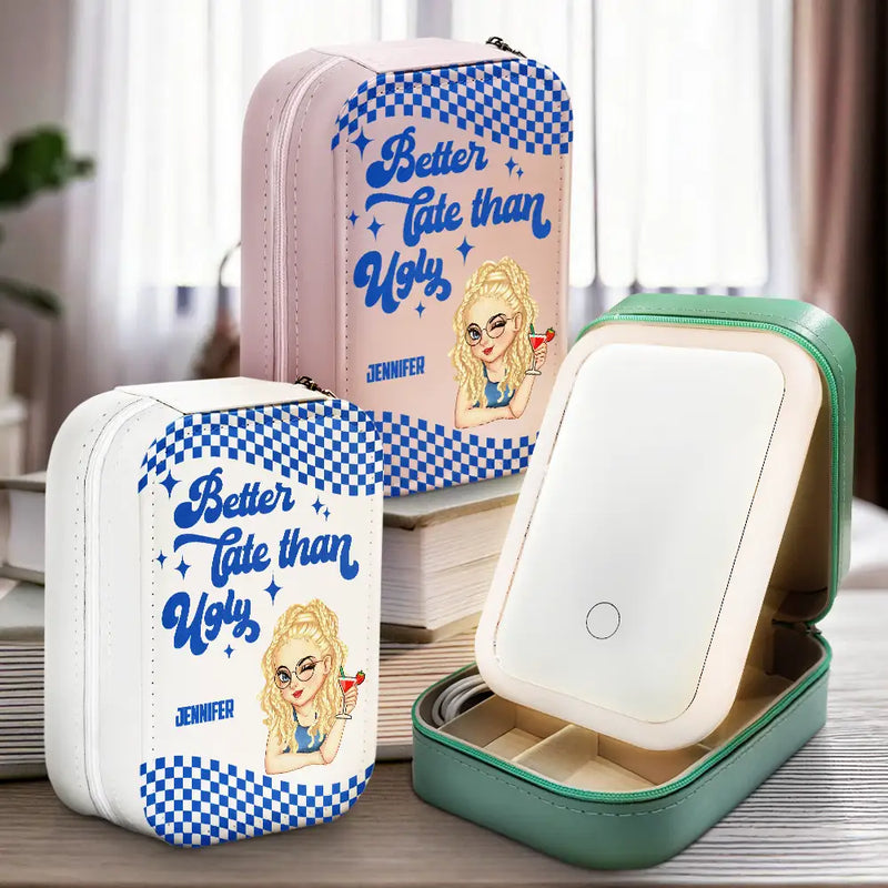 Gift For Wife, Gift For Girlfriend, Gift For Women, Gift For Yourself, Gift For Aunt, Gift For Mother, Gift For Sisters, Gift For Bestie, Funny - Better Late Than Ugly - Personalized Makeup Box With LED Mirror
