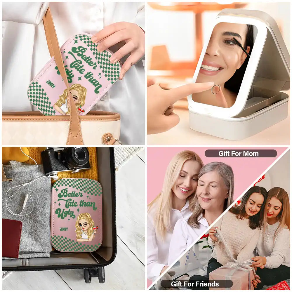 Gift For Wife, Gift For Girlfriend, Gift For Women, Gift For Yourself, Gift For Aunt, Gift For Mother, Gift For Sisters, Gift For Bestie, Funny - Better Late Than Ugly - Personalized Makeup Box With LED Mirror
