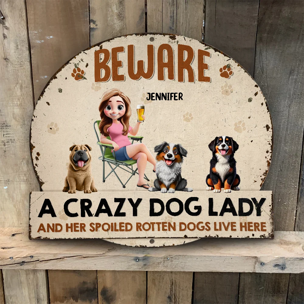 Dog Lovers,Dog Mom,Dog Dad,Dog Couple,Happy - Beware A Crazy Dog Lady And Grumpy Old Man Live Here - Personalized Custom Shaped Metal Sign