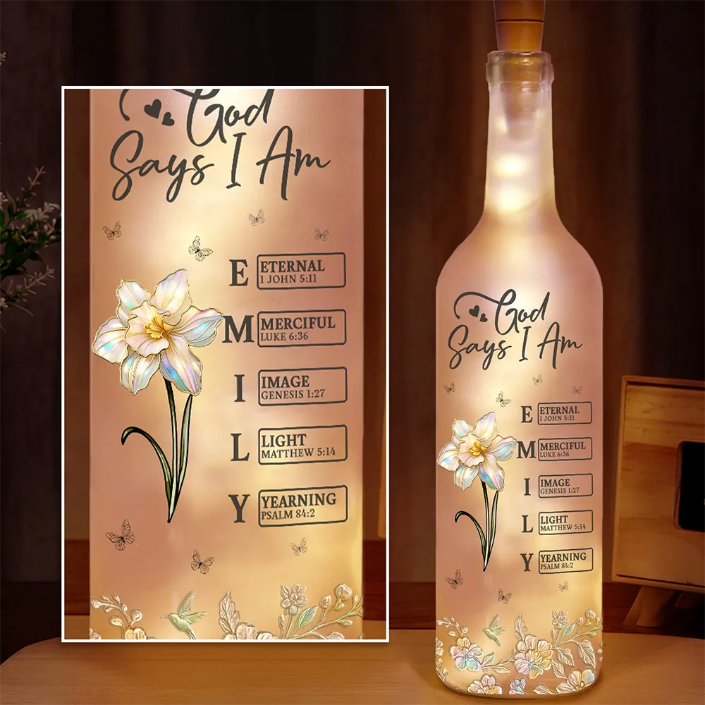 Bible Verse God Says I Am Birth Flower Nacre Effect - Personalized Bottle Light