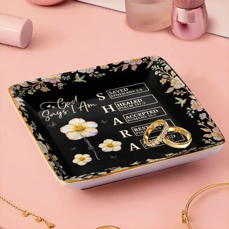Gift For Women,Gift For Bestie,Love - Bible Verse God Says I Am Birth Flower Nacre Effect - Personalized Ring Dish