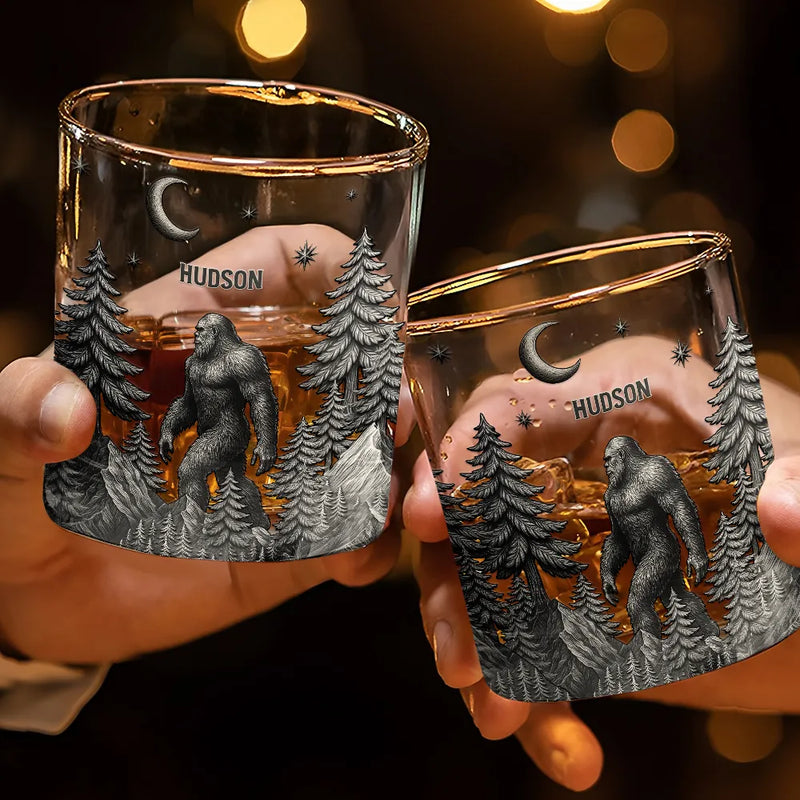 Camping,Campsite,Gift For Men,Funny - Big Foot Sasquatch Camping - Personalized Whiskey Glass