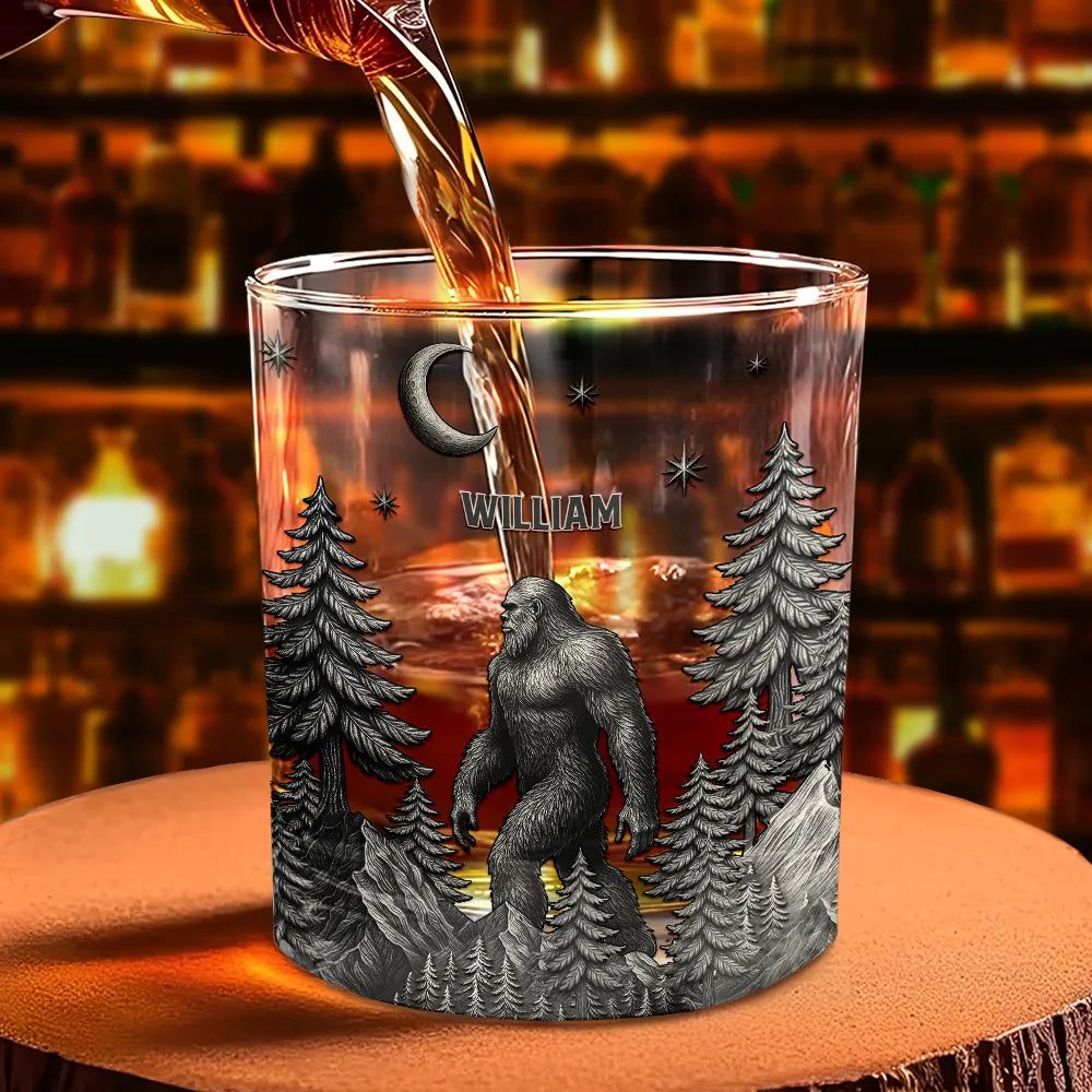 Camping,Campsite,Gift For Men,Funny - Big Foot Sasquatch Camping - Personalized Whiskey Glass