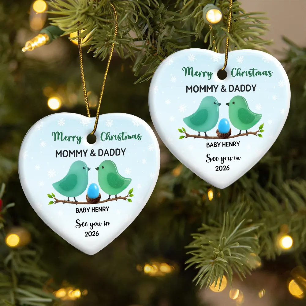 New baby, Christmas, Pregnant Mom - Bird Family Expecting Baby Sea Glass Effect - Personalized Heart Ceramic Ornament