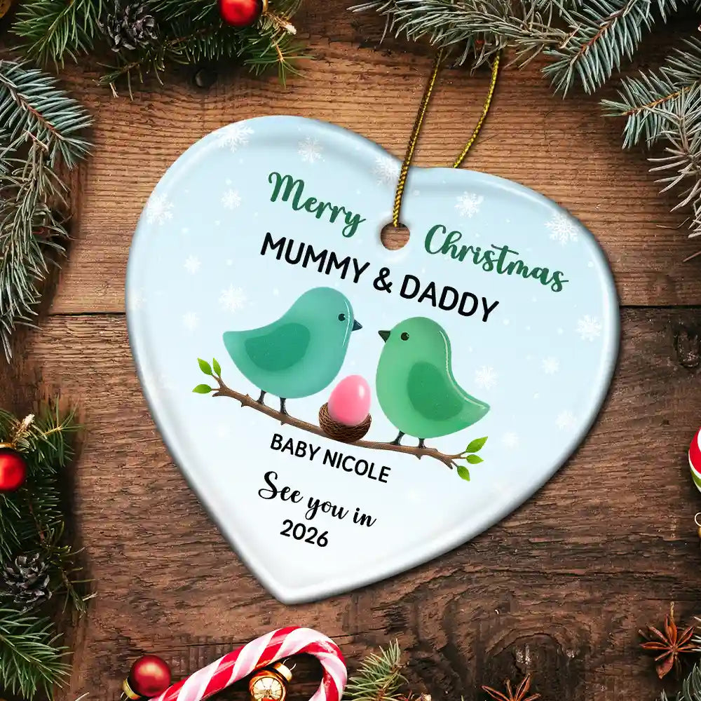 New baby, Christmas, Pregnant Mom - Bird Family Expecting Baby Sea Glass Effect - Personalized Heart Ceramic Ornament