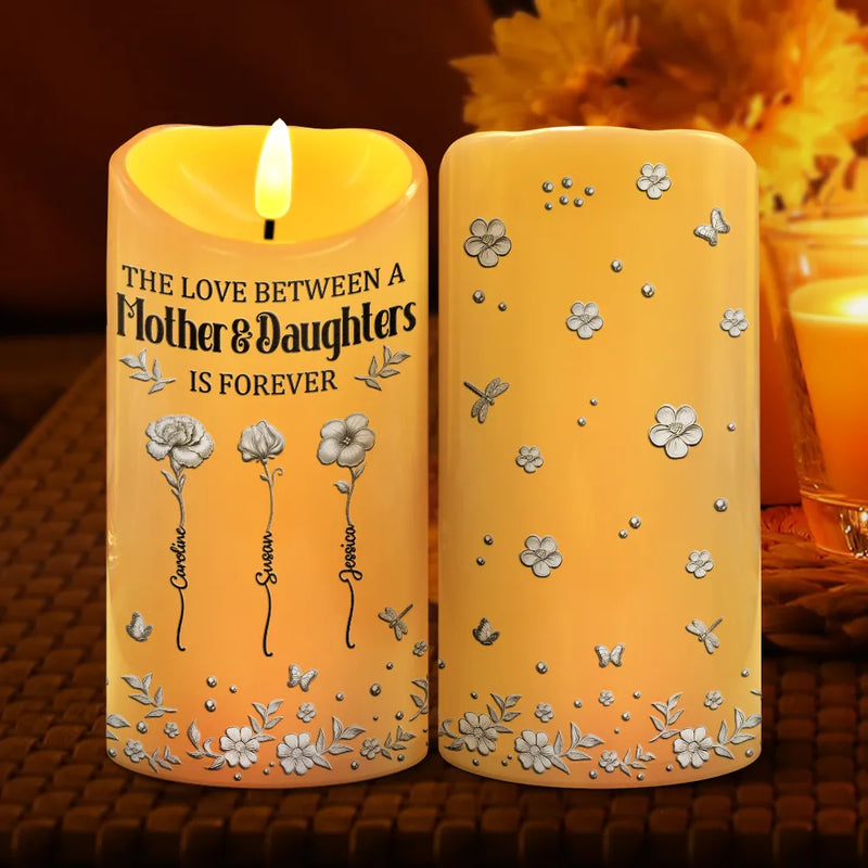 Gift For Women,Gift For Mother,Mom - Daughters (Adult),Mom - Daughters (Young),Gift For Daughter,Love - 3D Metal Effect Birth Month Flowers Mother And Daughters - Personalized Flameless LED Candle