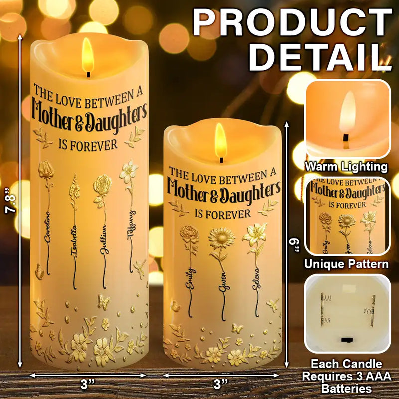 Gift For Women,Gift For Mother,Mom - Daughters (Adult),Mom - Daughters (Young),Gift For Daughter,Love - 3D Metal Effect Birth Month Flowers Mother And Daughters - Personalized Flameless LED Candle