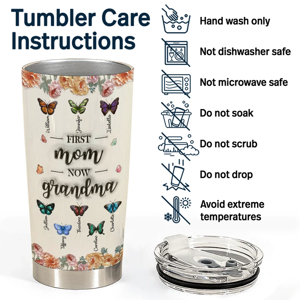 Gift For Mother,Gift For Grandma - Birth Butterfly Grandkid First Mom Now Grandma - Personalized Tumbler