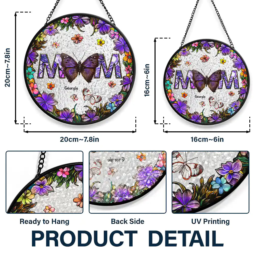 Gift For Mother -Birth Butterfly We Love You Mom - Personalized Stained Glass Window Hanging Suncatcher