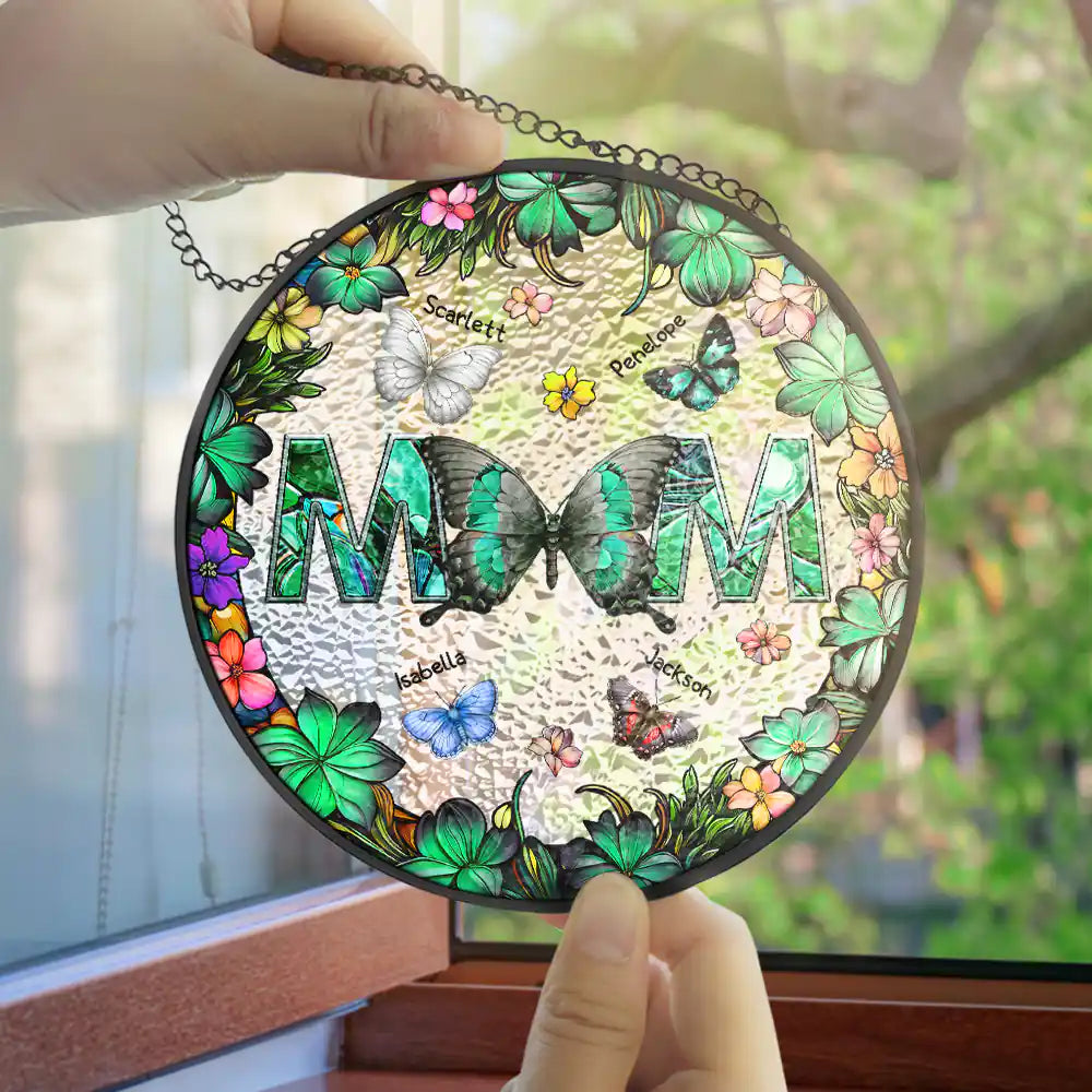 Gift For Mother -Birth Butterfly We Love You Mom - Personalized Stained Glass Window Hanging Suncatcher