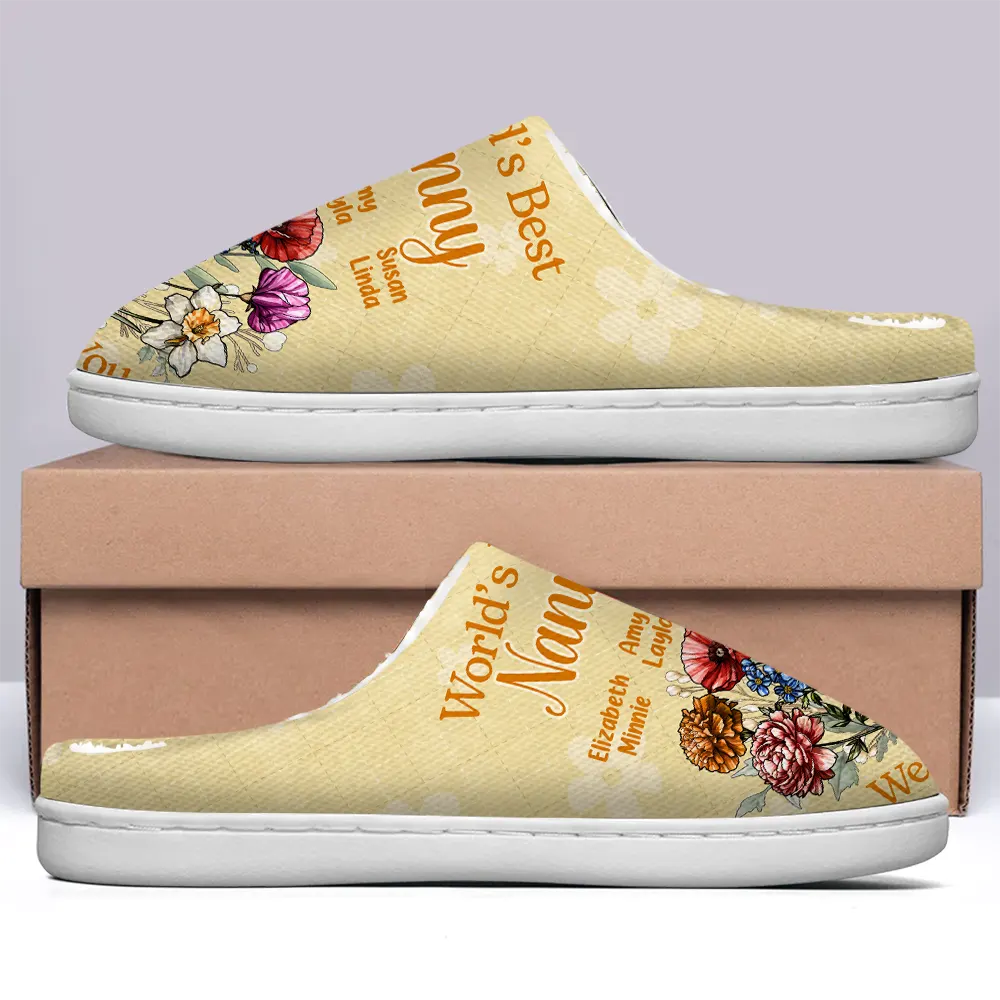 Gift For Grandma, Gift For Mother, Gift For Women, Christmas, Happy - Birth Flower Best Grandma We Love You - Personalized Fluffy Slippers