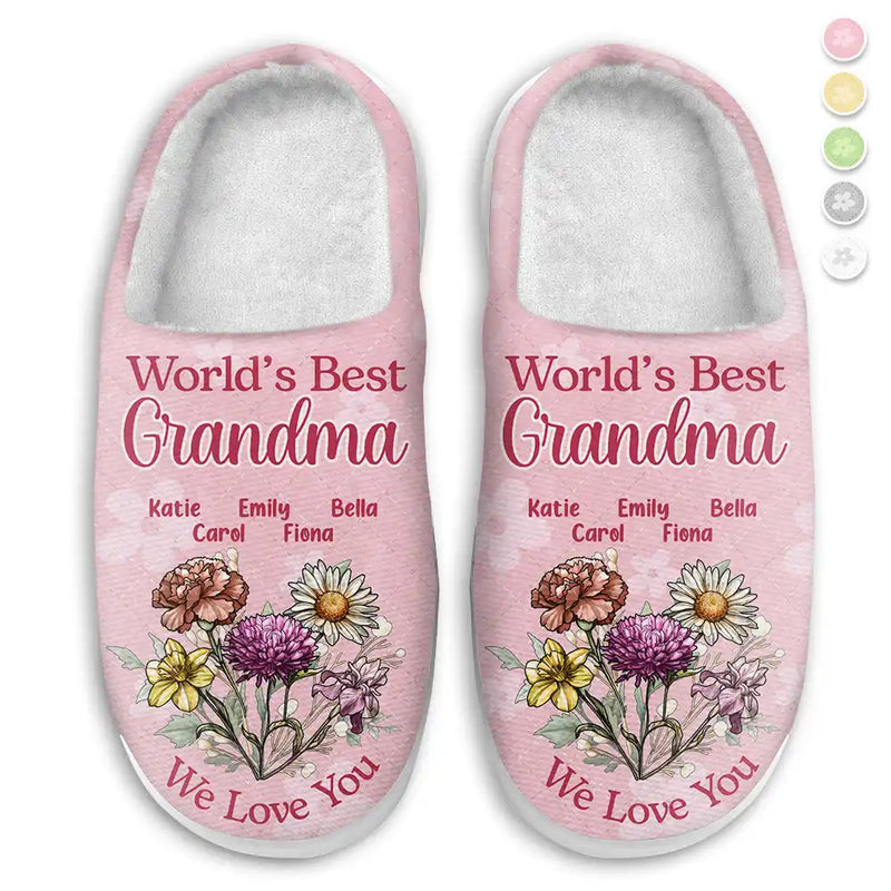 Gift For Grandma, Gift For Mother, Gift For Women, Christmas, Happy - Birth Flower Best Grandma We Love You - Personalized Fluffy Slippers