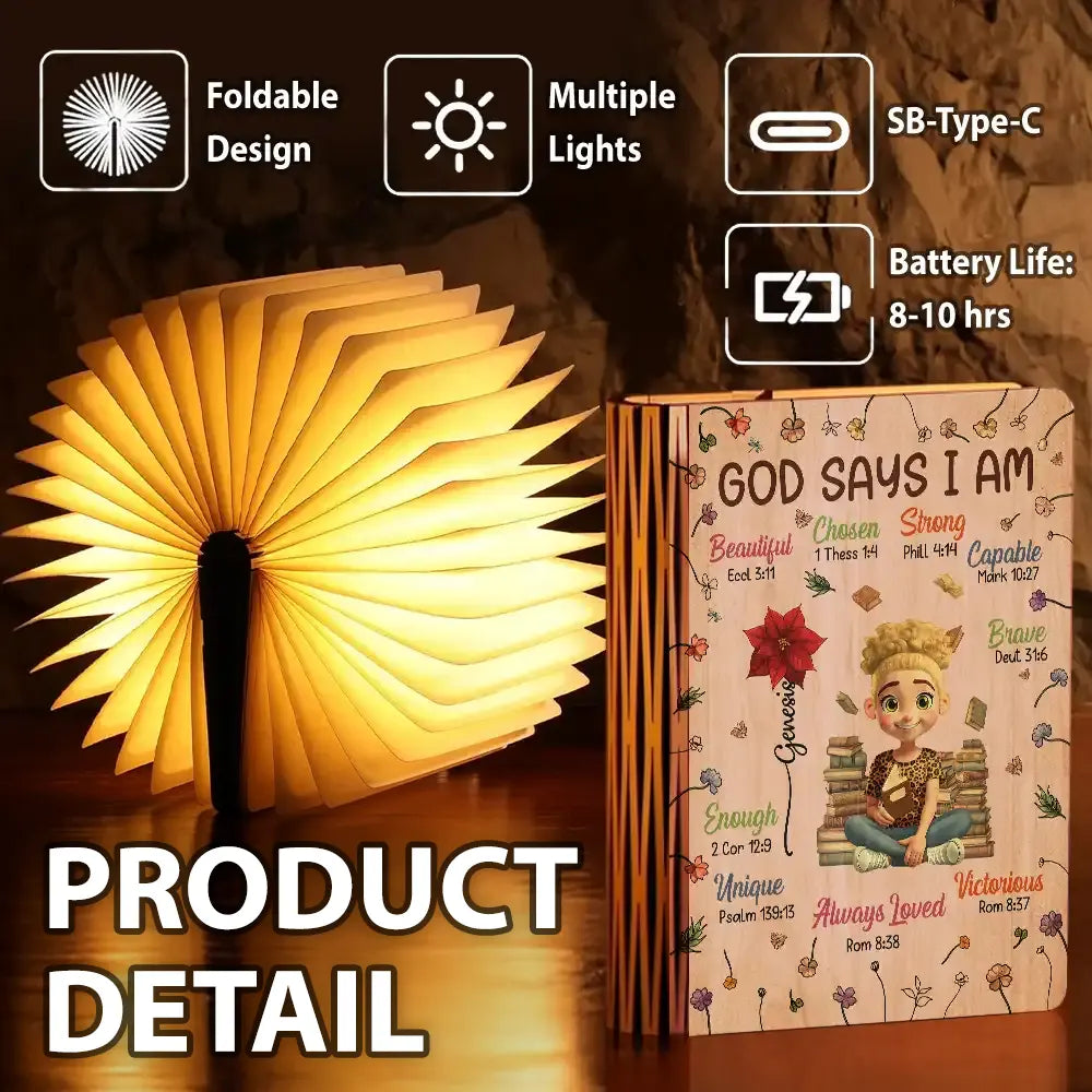 Gift For Bestie, Christmas, Love - Birth Flower Bible Verse God Says I Am - Personalized Book Lamp