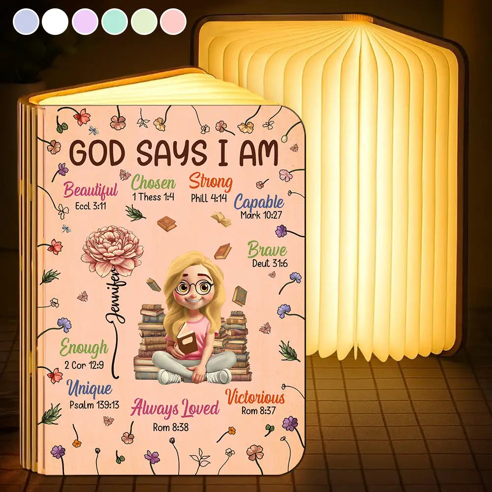 Gift For Bestie, Christmas, Love - Birth Flower Bible Verse God Says I Am - Personalized Book Lamp