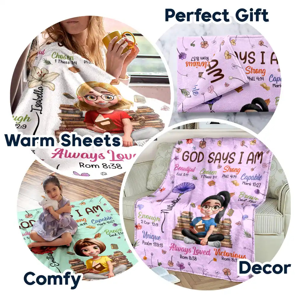 Gift For Bestie, Christmas, Love - Birth Flower Bible Verse God Says I Am - Personalized Fleece Blanket, Sherpa Blanket