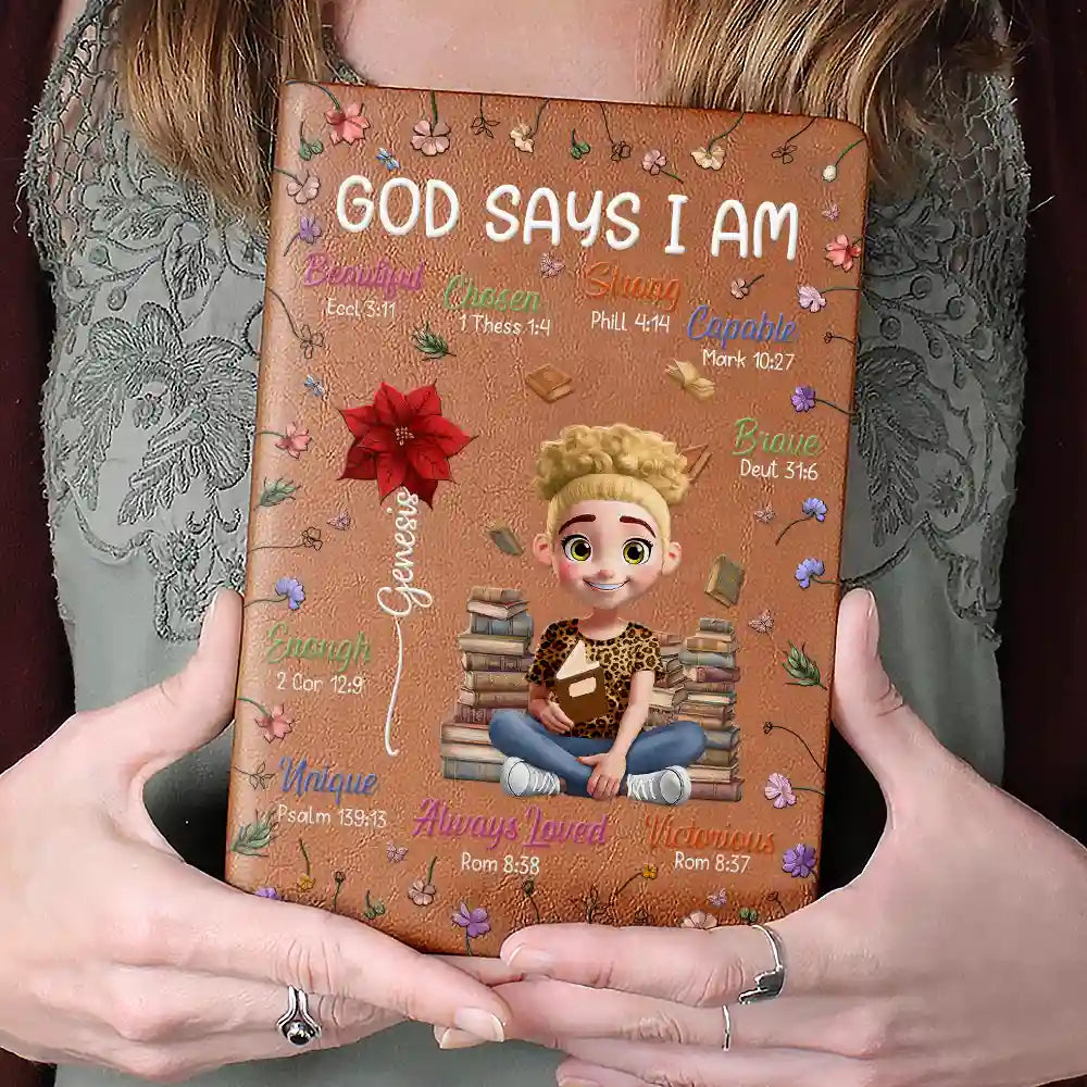 Gift For Bestie, Christmas, Love - Birth Flower Bible Verse God Says I Am - Personalized Leather Journal
