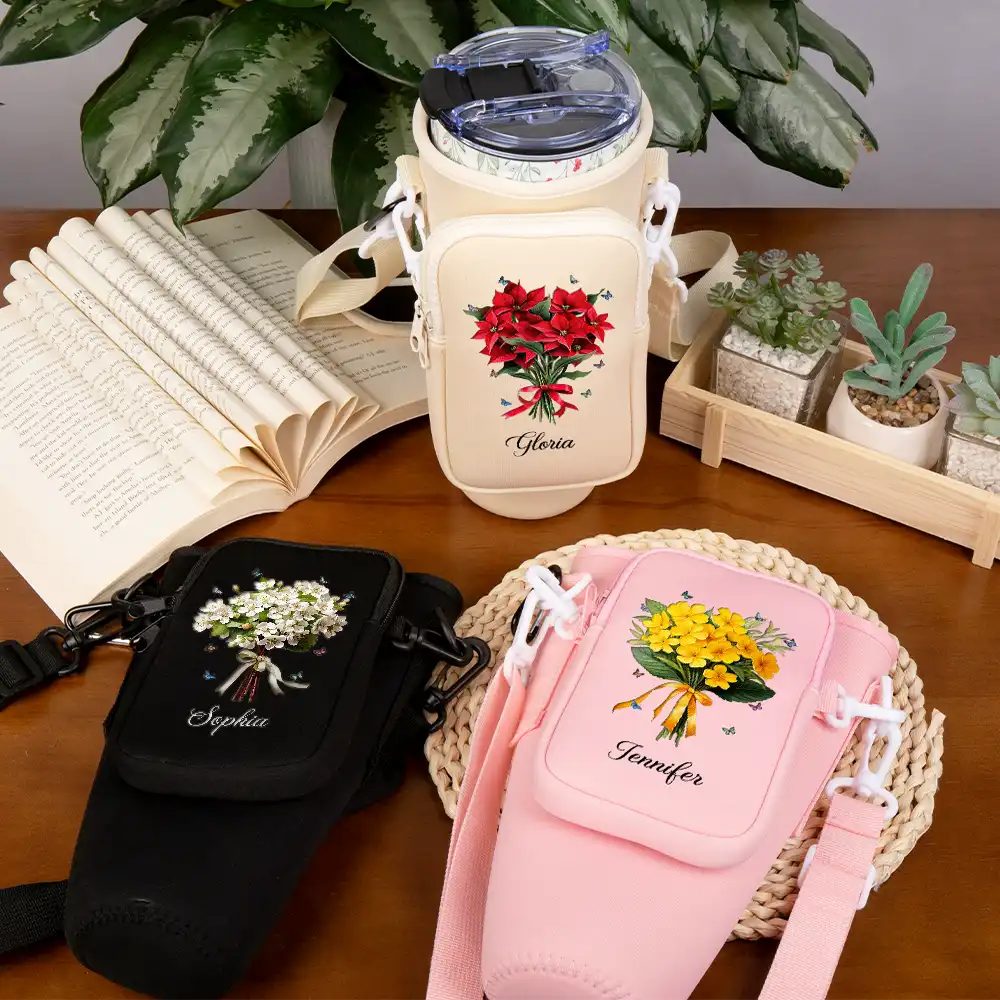 Gift For Yourself, Gift For Women, Gift For Mother, Gift For Grandma, Happy - Birth Flower Bouquet - Personalized Bottle Carrier Bag