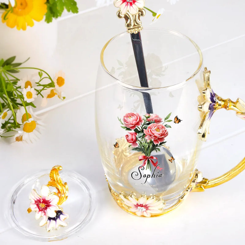 Gift For Yourself, Gift For Women, Happy, Gift For Mother, Gift For Grandma - Birth Flower Bouquet - Personalized Glass Flower Tea Cup