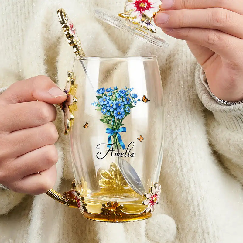 Gift For Yourself, Gift For Women, Happy, Gift For Mother, Gift For Grandma - Birth Flower Bouquet - Personalized Glass Flower Tea Cup