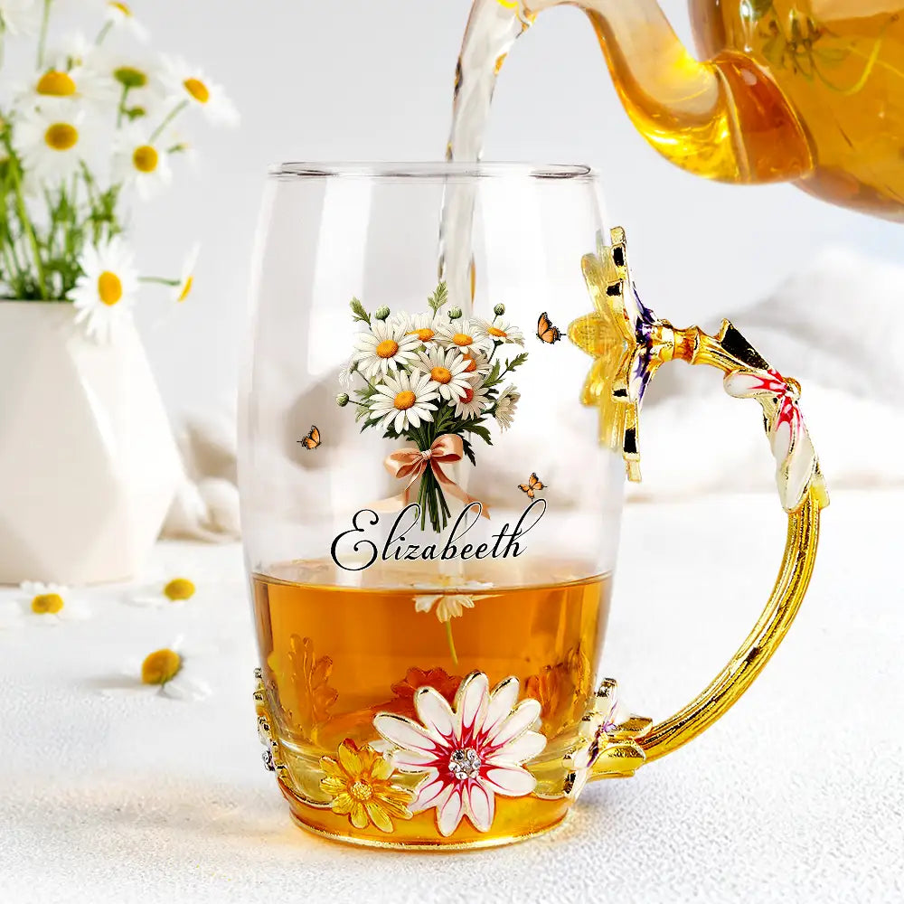 Gift For Yourself, Gift For Women, Happy, Gift For Mother, Gift For Grandma - Birth Flower Bouquet - Personalized Glass Flower Tea Cup