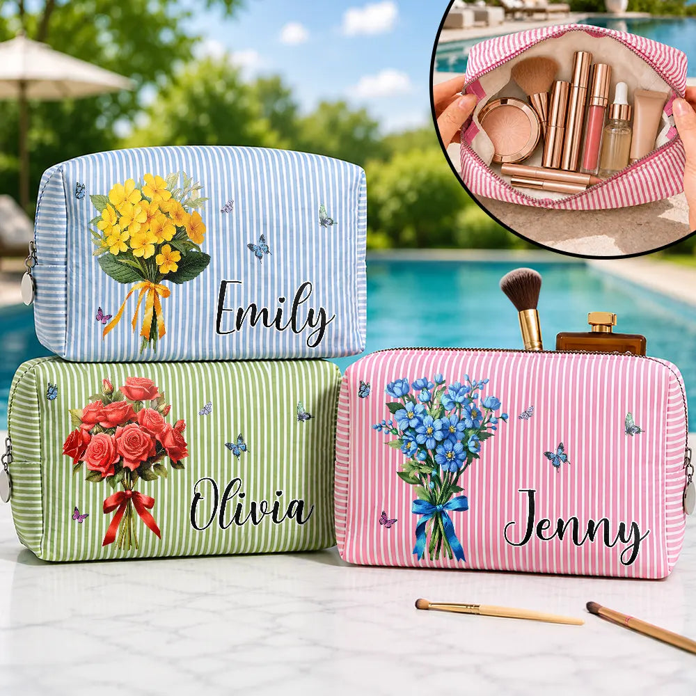 Birth Flower Bouquet - Personalized Striped Cosmetic Bag