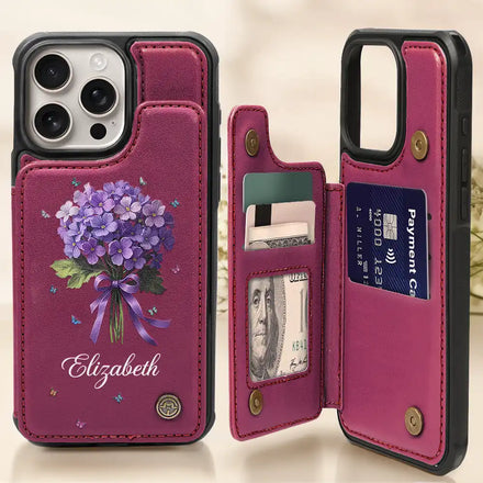 Bouquet de fleurs de naissance et nom – Étui portefeuille à rabat en cuir personnalisé pour téléphone