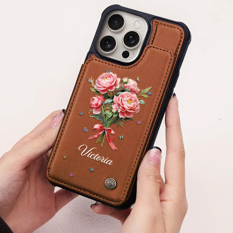 Gift For Yourself, Gift For Women, Gift For Men, Happy - Birth Flower Bouquet And Name - Personalized Leather Flip Wallet Phone Case