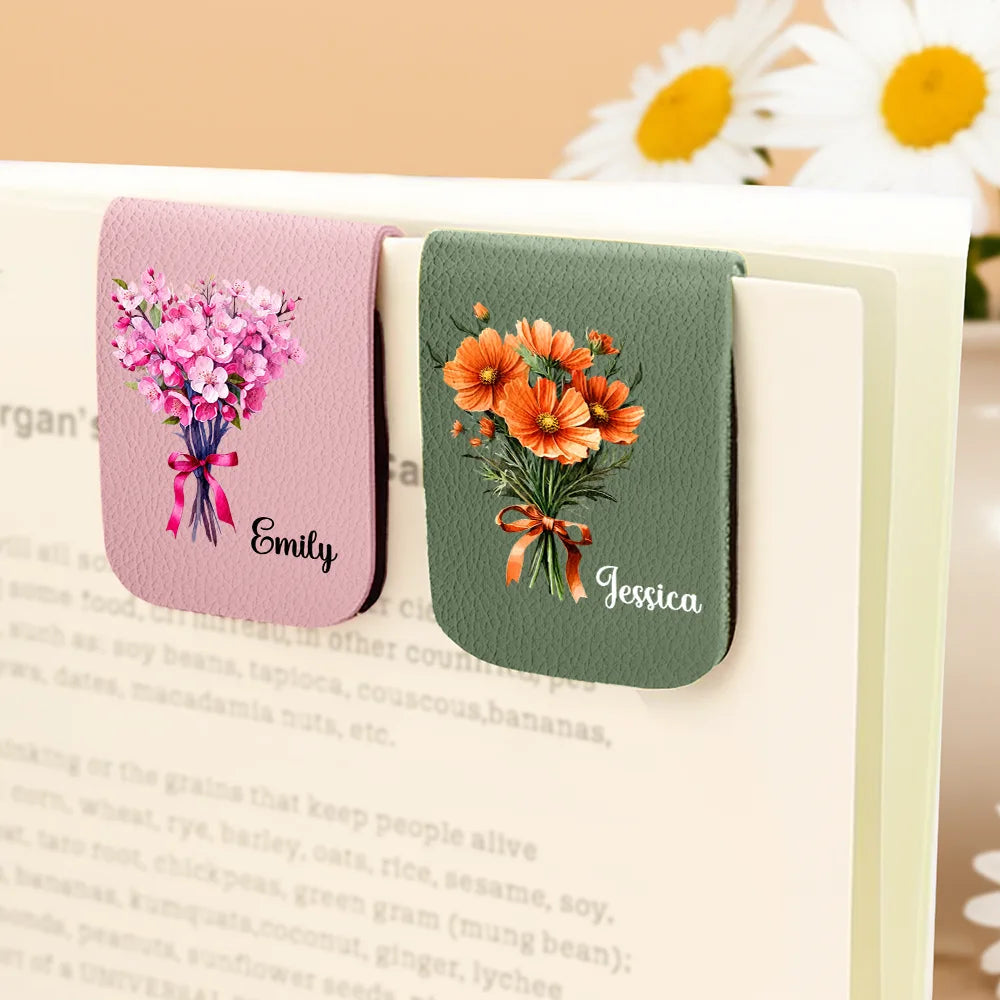 Reading, Gift For Yourself, Gift For Women, Happy - Birth Flower Bouquet Book Keepsake - Personalized Leather Magnetic Bookmark
