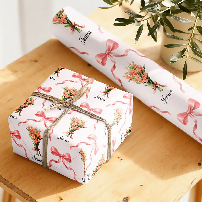 Gift For Women,Happy - Birth Flower Bouquet Custom Name - Personalized Wrapping Paper