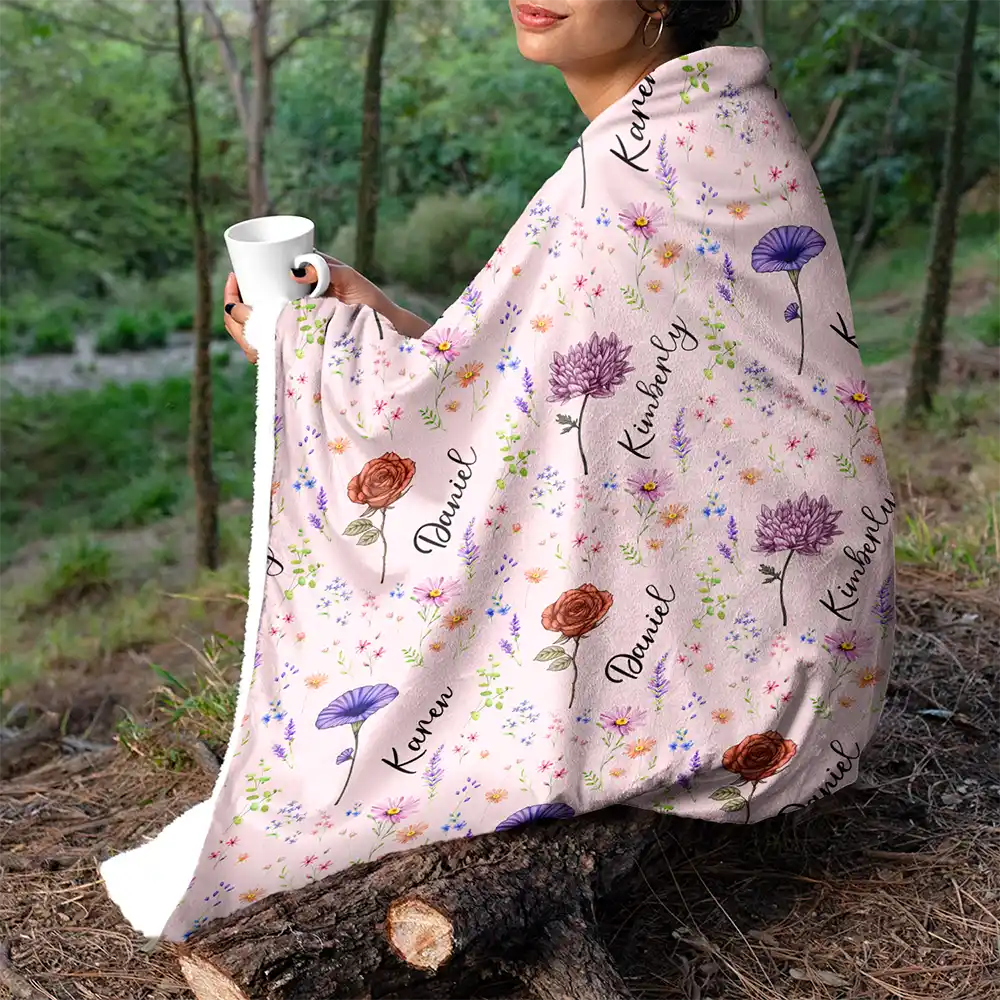 Gift For Bestie, Happy - Birth Flower Custom Name Bestie - Personalized Fleece Blanket, Sherpa Blanket