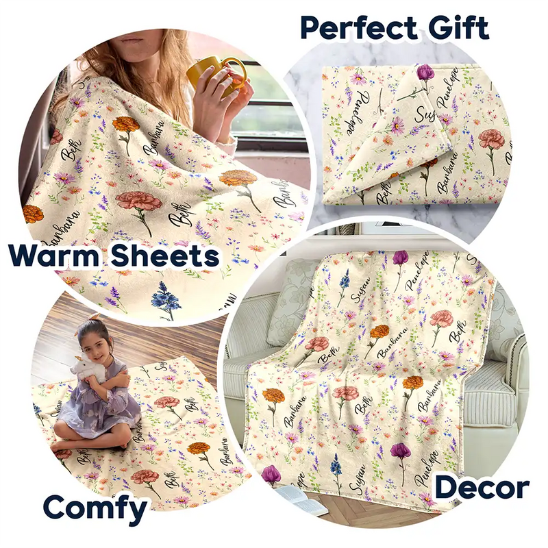Gift For Bestie, Happy - Birth Flower Custom Name Bestie - Personalized Fleece Blanket, Sherpa Blanket