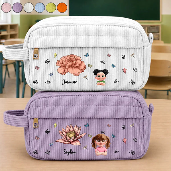 Back To School, Gift For Daughter, Gift For Children, Confident, Vector - Birth Flower Custom Name Cartoon Character - Personalized Corduroy Pencil Case
