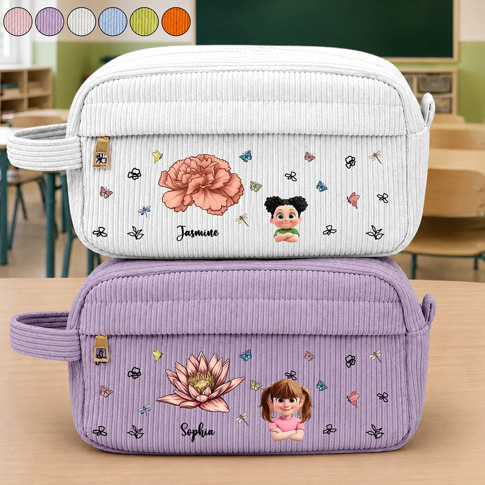Birth Flower Custom Name Cartoon Character - Personalized Corduroy Pencil Case