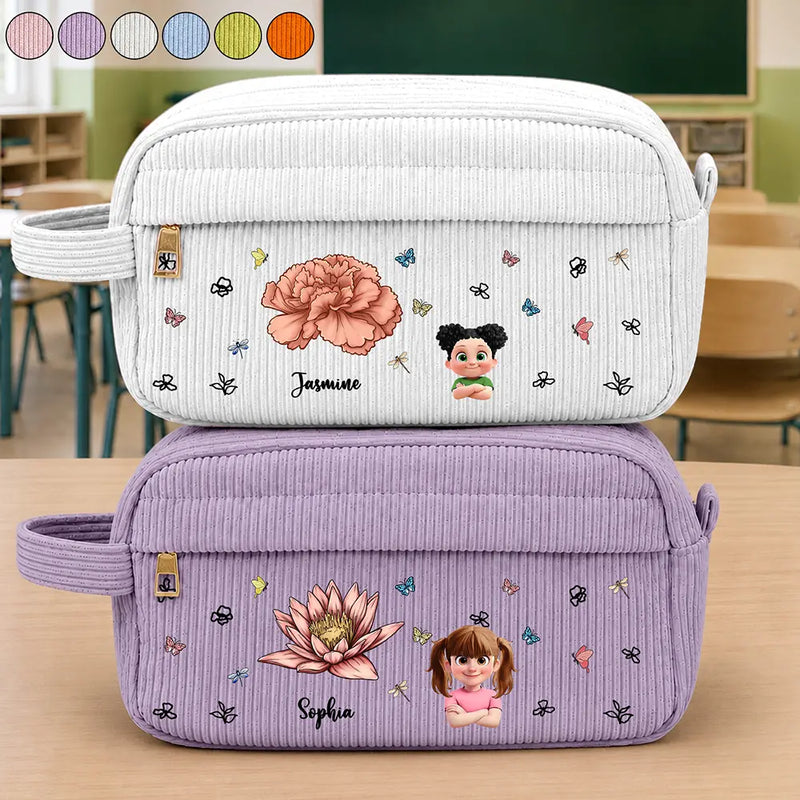 Back To School, Gift For Daughter, Gift For Children, Confident, Vector - Birth Flower Custom Name Cartoon Character - Personalized Corduroy Pencil Case